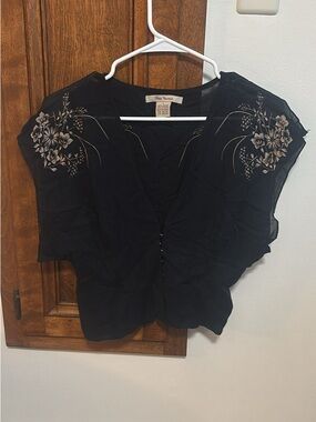 Free People Black Short Sleeve Blouse with Floral Embroidery